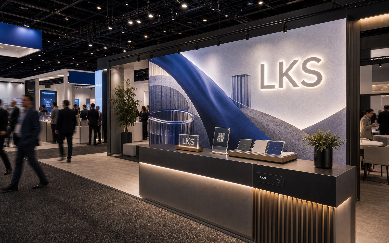 Premium trade show booth with SEG lightbox wall, illuminated LKS logo, reception counter, and branded touchpoints